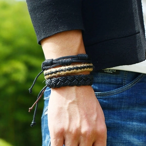 Ensemble de bracelets multicouches vintage en cuir véritable pour hommes tressés