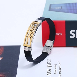 Men's titanium steel and black silicone bracelet with gold-silver wheat ear carving