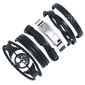 Ensemble de Bracelets en Cuir Tressé Punk Vintage pour Hommes Femmes Arbre de Vie Plaque Métallique Bijoux Boho
