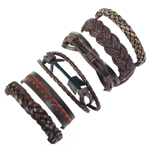 6-piece set of men's vintage braided brown leather bracelets with metal arrow charm