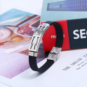 Men's black silicone bracelet with stainless steel geometric pattern and folding clasp