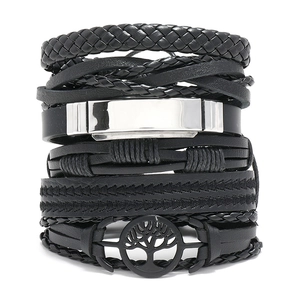 Set de bracelets multicouches en cuir tressé noir rétro avec breloque arbre de vie pour homme