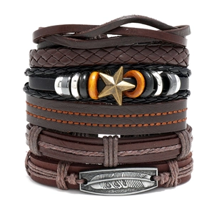 Men's Retro Braided Leather Bracelet Multilayer Cowhide Hand Rope With Star Feather Alloy Charms Bohemian Style Jewelry Gift