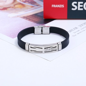 Mens black silicone sports bracelet with hollow geometric stainless steel insert