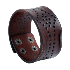 Vintage Punk Wide Cowhide Leather Bracelet For Men Retro Hollow Out Geometric Design Adjustable Metal Snap Button Cuff Bracelet Jewelry