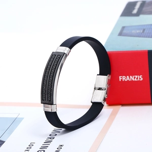 Men's black silicone bracelet with stainless steel plate and Greek key pattern