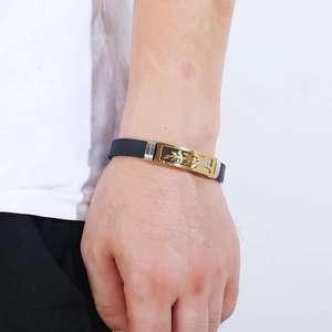 Minimalist black silicone bracelet for men with golden wheat pattern metal plate inlay