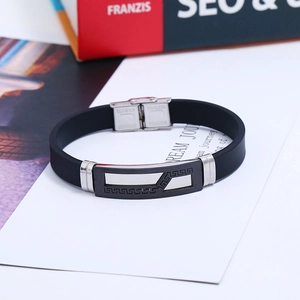Bracelet sport en silicone noir pour homme avec motif grec en acier inoxydable