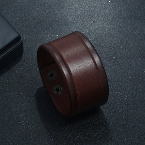 Vintage dark brown wide leather cuff bracelet for men with dual metal snap closure