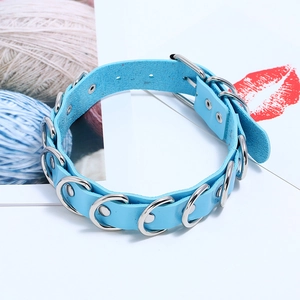 Sky blue punk leather choker necklace with metal O-ring and adjustable buckle strap