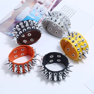 Punk style wide faux leather bracelets with silver spikes in five assorted colors