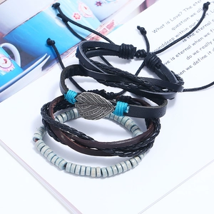 Retro multi-layer woven leather bracelet set with silver leaf charm and blue beads