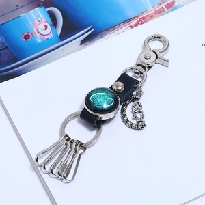 Leather Cancer zodiac keychain with luminous galaxy pendant and vintage rabbit charm