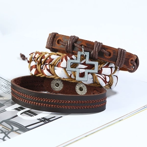 Handmade vintage woven leather bracelet set with a metal cross charm for women and men