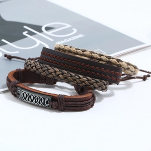 Four-piece vintage braided leather and hemp rope bracelet set with bohemian charms