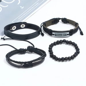Retro 4-piece black leather bracelet set with cross charm and woven rope for men