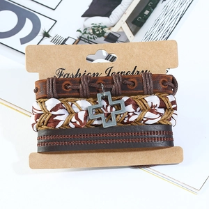 Multi-layer vintage leather bracelet set with metal cross charm and braided wax ropes