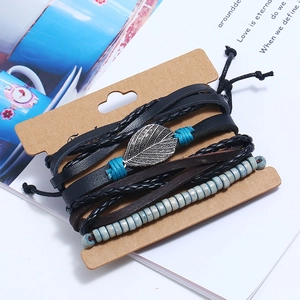 Retro multi-layer woven leather bracelet set with turquoise beads and leaf pendant