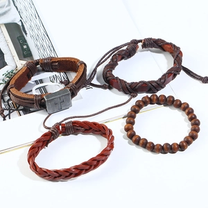Handmade vintage leather bracelets set with metal cross charm and wooden beads