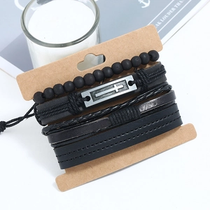 Vintage black leather multilayer bracelet set with silver cross charm and matte beads