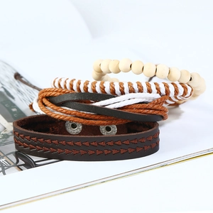 Lot de 4 bracelets vintage en cuir tressé et perles de bois naturel pour hommes