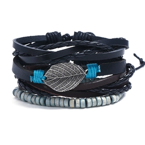 Men Retro Multi-layer Braided Leather Bracelet Leaf Pendant Wood Beads Ethnic Punk Adjustable Handmade Fashion Jewelry