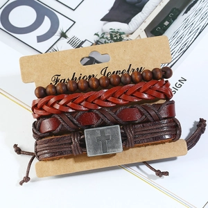 Handmade vintage leather bracelet set with wooden beads and metal cross pendant for men