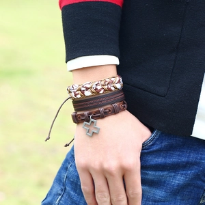 Handmade vintage leather bracelets set with hollow cross pendant for men and women