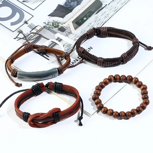 Vintage 4-piece punk leather bracelet set with metal G-plate and wooden beads