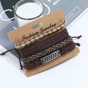 Set of 4 vintage leather bracelets with braided hemp and engraved geometric metal charms