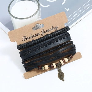 Retro multi-layer black braided leather bracelet set with wood beads and leaf pendant