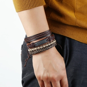 Multilayer vintage leather bracelet set with woven hemp rope and metal decorative buckle