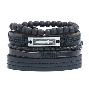 Vintage Punk Multi-layer Braided Cowhide Leather Bracelet Set Men Women Cross Metal Charm Wood Beads Wrap Handmade Wristband