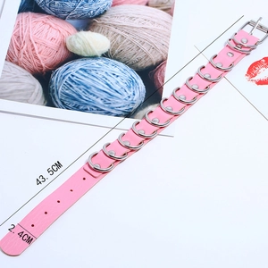 Pink PU leather gothic collar with silver metal rings, adjustable length 43.5cm