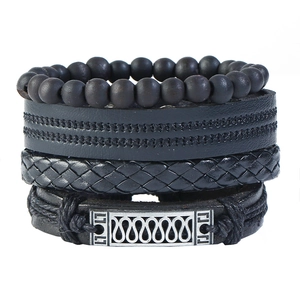 Ensemble de Bracelets Multicouches Tissés en Cuir Vintage pour Hommes Femmes Retro Punk Pendentif en Alliage Perles en Bois Bracelet Réglable Bijoux Cadeau
