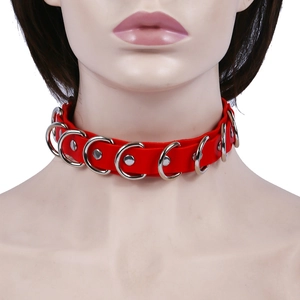 Punk red leather choker with nine silver metal D-rings and rivets for men and women