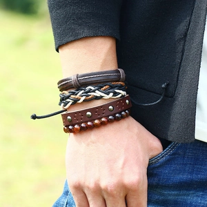 Men's retro 4-piece multilayer leather bracelet set with woven ropes and rivets