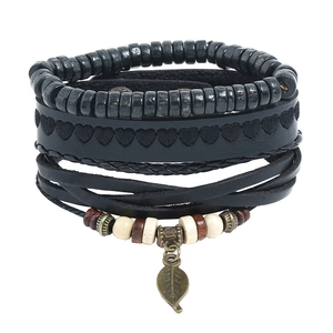 Vintage Punk Multi-layer Braided Cowhide Leather Bracelet Set For Men Wood Beads Alloy Leaf Pendant Wristband Jewelry