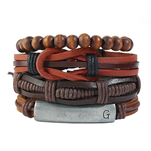 Men Vintage Punk Braided Leather Bracelet Jewelry Cowhide Wood Beads Alloy Letter G Multilayer Wrap Bracelet For Travel