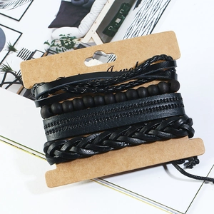 Vintage 4-piece multilayer black leather and hemp rope bracelet set on display card