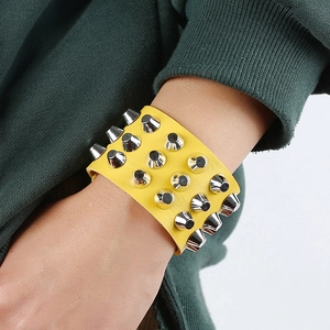 Punk yellow leather bracelet with triple-row silver metal cone spikes for men and women