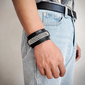 Handmade multilayer black leather bracelet with white woven diamond pattern for men