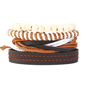 Collection de Bracelets en Cuir Tissé Vintage pour Hommes Femmes Bohème Multicouche Perles de Bois Bijoux Punk