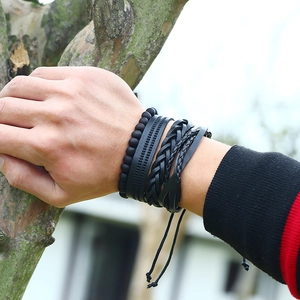 Retro multi-layer men's leather bracelet set with black beads and woven rope texture