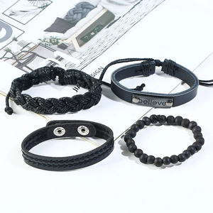 Vintage 4-piece men's black leather bracelet set featuring believe lettering and woven rope