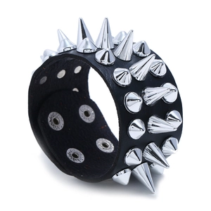 Punk Rock Wide Faux Leather Bracelet For Men Women With Metal Rivet Spikes Adjustable Button Cuff Bracelet Gothic Jewelry