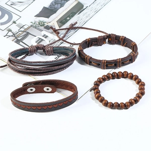4-piece retro braided leather bracelet set for men featuring dark brown punk beads