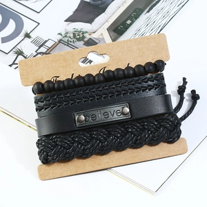 Retro black leather multi-layer bracelet set with silver 'Believe' metal plate