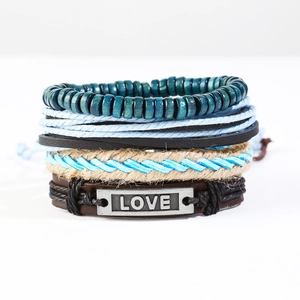 Retro punk 4-piece multilayer leather bracelet set with LOVE metal plaque and beads