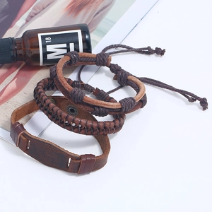 Three-piece genuine leather men's braided bracelet set in vintage dark brown style